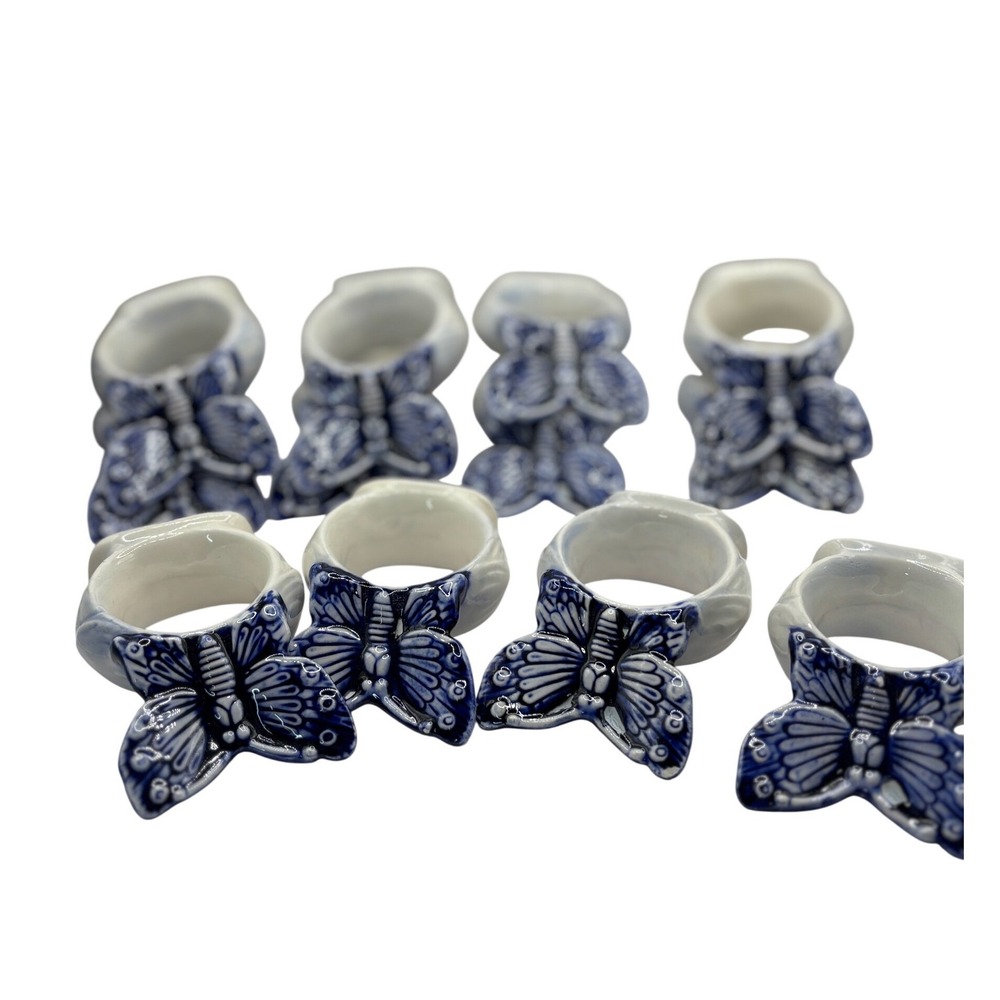 Vintage Handcrafted Butterfly Napkin Rings Set of 8 Blue White‎ Ceramic Decor